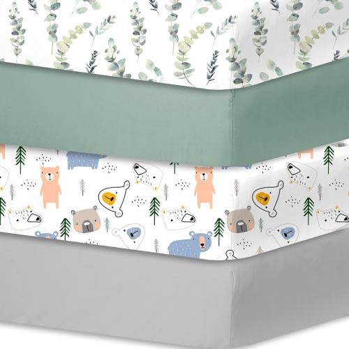 Bimocosy Crib Sheets for Boys Girls, Fitted Crib Sheet 4 Pack for Standard Crib and Toddler Mattresses, Super Soft Breathable Microfiber Baby Sheet 28x52x8in, Leaf/Bear/Gray/Green