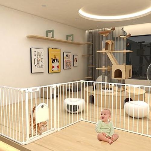 192" Extra Wide Baby Gate with Cat Door, Foldable Dog Gate Pet Gate for House Stairs Doorways Fireplace, 3 in 1 Baby Gate Play Yard Dog Playpen Hardware Mounted (30" Tall, White)