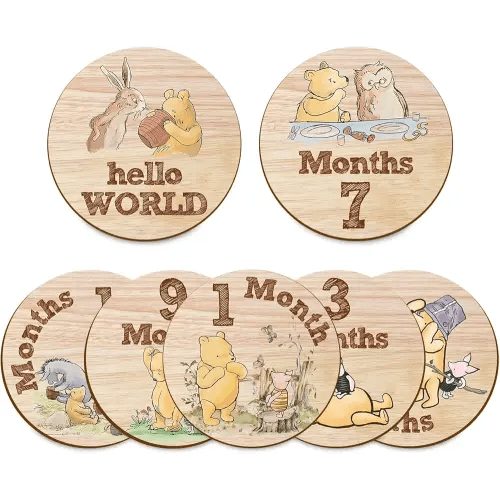 7Pcs Baby Monthly Milestone Circles, Winnie The Pooh Baby Stuff, Double-Sided Printing Months Baby Milestone Wooden Keepsake, Milestone Wooden Circles Stuff for for Documenting Growth