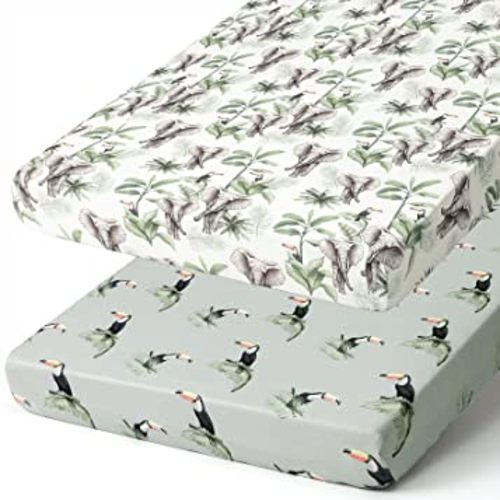 Pack n Play Stretchy Fitted Pack n Play Playard Sheet Set BROLEX 2 Pack Portable Mini Crib Sheets,Convertible Playard Mattress Cover,Ultra Soft Material,Elephant Toucan