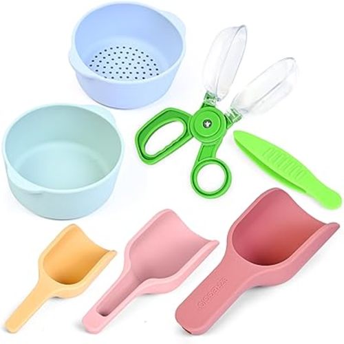 Madzee 7 Pieces Fine Motor Skill Toys for Children, 3 Silicone Scoops, 2 Nesting Bowls, 1 Tweezer, 1 Scooper - Sensory Bin Accessories