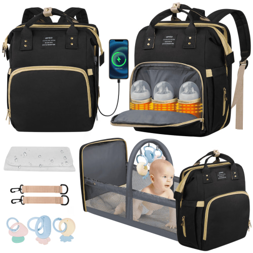 Diaper Bag Backpack, Multifunctional Baby Diaper Bags with Foldable Crib & Changing Station,Large Capacity Portable Travel Back Pack W/ USB Charging Port & Stroller Strap, Baby Shower Gifts(Black)