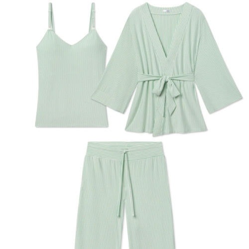 LAKE | Women | DreamModal Pajamas | Parisian Green Pencil Stripe Maternity Kimono Bundle