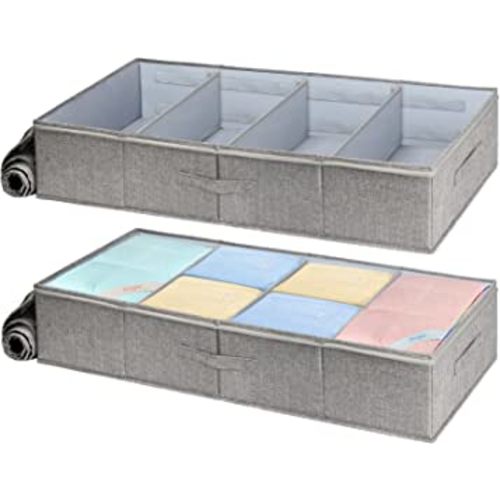 punemi Under Bed Storage Containers, 2 Pack Underbed Clothes Storage W/Adjustable Dividers, Firm Sides Organizer Bags With Clear Panel & 3 Reinforced Handles for Clothing Shoes, 6 Inches Low Profile