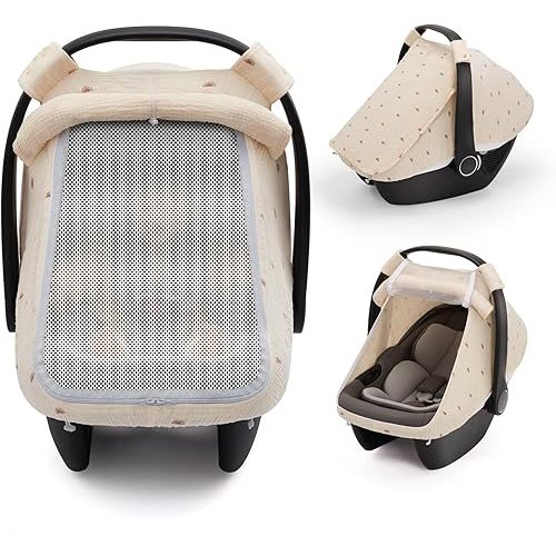 Blissful Diary Baby Car Seat Cover, Extra Large Mesh Window, Breathable Muslin Cotton, Infant Windproof Canopy - Rainbow