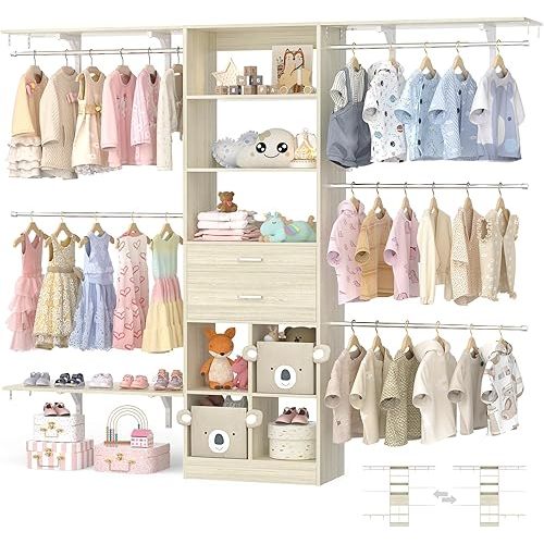 Closet System - 4.75-8FT Closet Organizer System with Wooden Drawers & Cube Storage Organizer, Up To 96" Closet Systems for Nursery & Walk-In Closets with Cuttable Hanging Shelving, Greige Oak