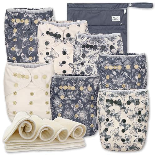Nora's Nursery Cloth Diapers 7 Pack with 7 Inserts & 1 Wet Bag - Waterproof Cover, Washable, Reusable & One Size Adjustable Pocket Diapers for Newborns and Toddlers - Country Garden