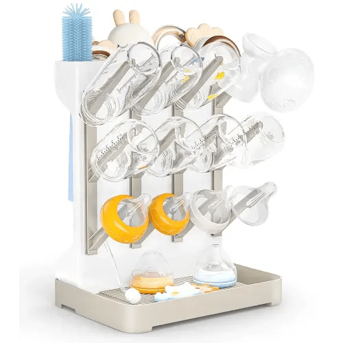GoMaihe Baby Bottle Drying Rack: Space Saving Vertical Bottle Dryer Holder - Baby Accessories Storage Stand Organize Brushes Pacifiers on Countertop - BPA-Free - Beige