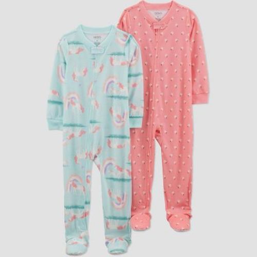 Carter's Just One You® Toddler Girls' 2pk Rainbow Footed Pajama - Pink/Blue 2T: Floral, Crew Neck, Long Sleeve