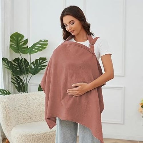 Nursing Cover for Baby Breastfeeding with Rigid Hoop, Breathable Soft 100% Muslin Cotton, Baby Breast Feeding & Pumping Apron, Multi Use Baby Car Seat Stroller Cover (Wine red)