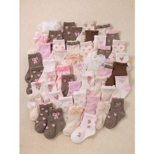 6/12/24 Pairs Soft Elastic Baby Boat Socks, Decorated With Floral Bow Heart Jacquard Pattern, In Maillard Pink Tone, Suitable For Toddler Girls, Comfortable And Breathable, High Elasticity, No Tightness, Suitable For 0-36 Months Babies, Ideal For Autumn D