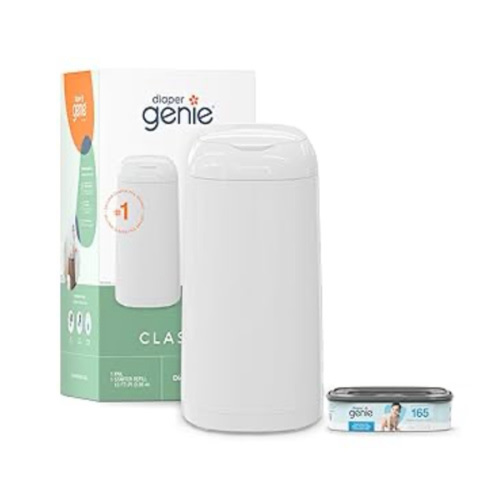 Diaper Genie Classic Pail Includes 1 Starter Square Refill That can Hold up to 165 Newborn-Sized Diapers.