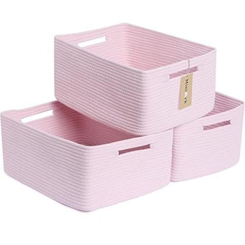 Large Storage Baskets for Shelves, Closet Organizers Bins for Clothes Blanket Towels, Baby Nursery, Toy Baskets Box, Woven Rope Baskets, 17 x 13 x 7.5”, 3 Packs Light Pink