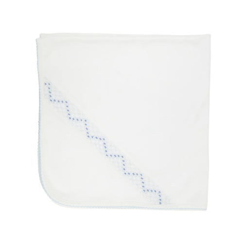 Sweetly Smocked Blessing Blanket - Worth Avenue White with Buckhead Blue