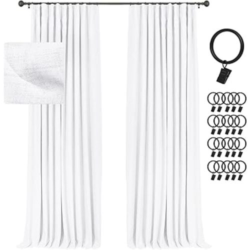 INOVADAY 100% Blackout Curtains for Bedroom, Black Out Curtains 84 Inch Long, Clip Rings Linen Blackout Drapes, Thermal Insulated Room Darkening for Living Room, 2 Panels - Brightwhite,W50xL84