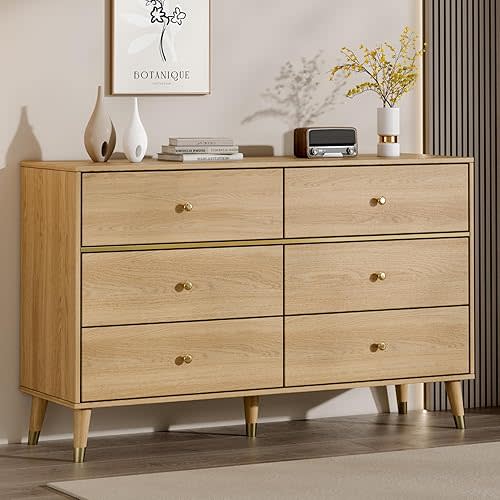 6 Drawer Dresser,47" Wide Mid Century Modern Chest of Drawers,Wooden Bedroom Drawer Dresser with 6 Storage Drawers for Bedroom,Living Room,with Anti-Tipping Device,Wood