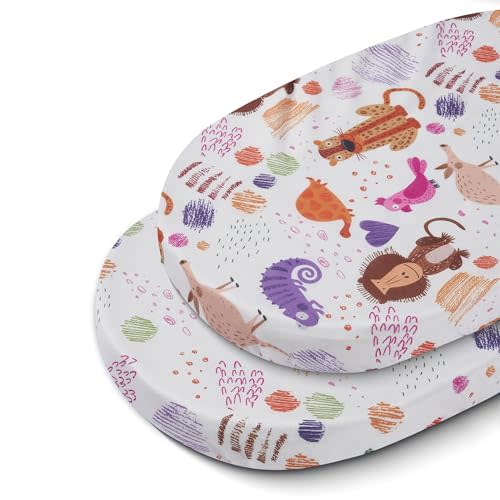 TILLYOU Baby Bassinet Sheets for Girls Boys, Fit for Hourglass Oval Rectangle Bassinet Mattress Sheets, 33”X16”, 2 Pack Animal Graffiti & dot Printing