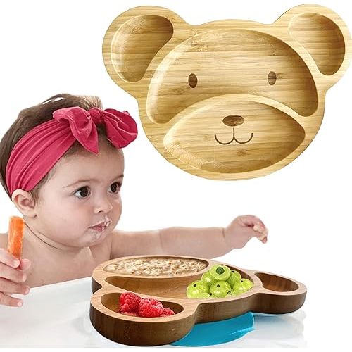 Bamboo Plates For Kids - Baby and Toddler Bamboo Suction Plate for Babies Feeding and Weaning, Promotes Self-Feeding with Eco-Friendly Sturdy Bear Design, Suction Plates for Busy Moms & Dads, Blue