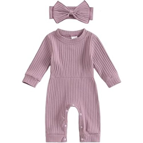 Winioder Newborn Baby Girl Fall Clothes Ribbed Long Sleeve Romper Jumpsuit with Headband Infant 2Pcs Coming Home Outfit