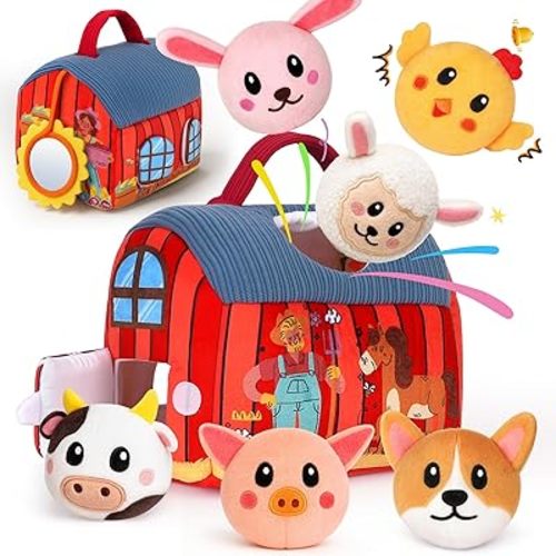 Baby Toys 6-12 Months - Soft Barn with Stuffed Farm Animals Toy, Montessori Toys for 6 Months Infant Boys Girls Sensory Gifts with Rattle, Crinkle Paper, Mirror Christmas Stocking Stuffers