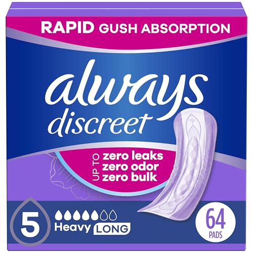Always Discreet Adult Incontinence Pads for Women, Heavy Absorbency, Long Length, Postpartum Pads, 64 Count (2 Packs of 32)