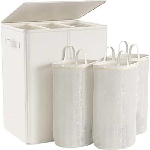 Raybee 180L Laundry Hamper with Lid Foldable Laundry Hamper 3 Compartment Laundry Baskets with Removable Laundry Bags Dirty Clothes Hampers for Laundry Bedroom Closet Bathroom College, Beige