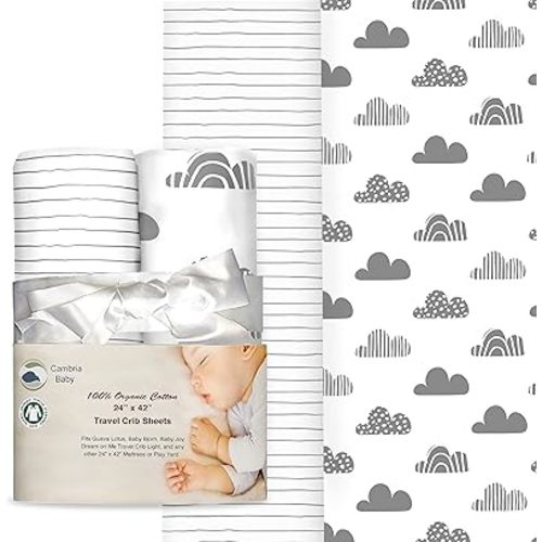 100% Organic Cotton Fitted Travel Crib/Playard Sheets for Guava Lotus - Clouds and Hand Drawn Stripes