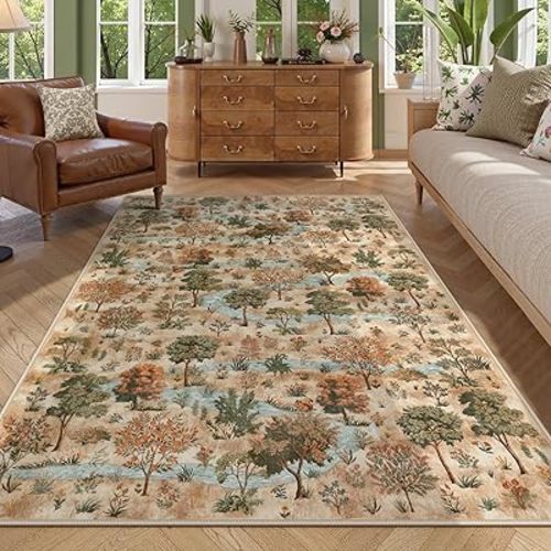 Wonnitar Brown Forest Machine Washable 5x7 Area Rug, Non Slip Dining Room Rug, Ultra-Thin Stain Resistant Neutral Bedroom Carpet for Playroom, Living Room, Dorm, Office