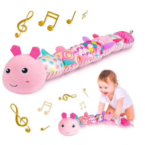 Sumobaby Infant Baby Musical Stuffed Animal Activity Soft Toys with Multi-Sensory Crinkle, Rattle and Textures, for Tummy Time Newborn 0-3-6-12 Months Girls, Caterpillar, Pink