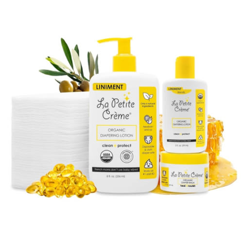 La Petite Creme Premium French Diapering Gift Set: Includes Organic Diapering Lotion (8 oz), Travel-size Liniment Baby Lotion (2 oz), 1 Travel-size Diaper Balm (1 oz), 50 Disposable Cotton Pads