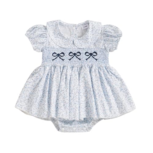 Filgriox Newborn Baby Girl Romper Bow Embroidery Peter Pan Collar Short Sleeve Bubble Bodysuit Summer Clothes