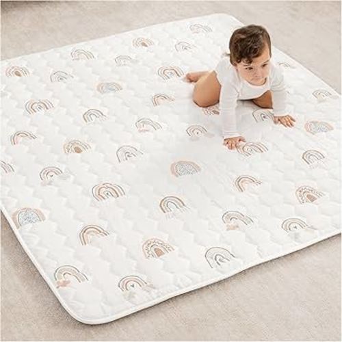 Comfy Cubs Square Kids Play Mat - 56 x 56 inches Soft Quilted Baby Floor Mat with Non-Slip Bottom - Plush Design for Toddlers' Playtime and Relaxation - Comfortable and Durable - Rainbow