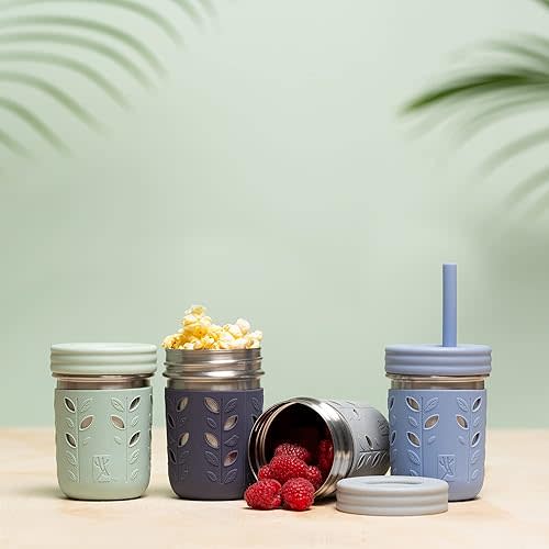 Elk and Friends Cups | 10 oz Mason Jar design | Kids & Toddler Cups with Silicone Sleeves & Straws with Stopper | Smoothie Cups