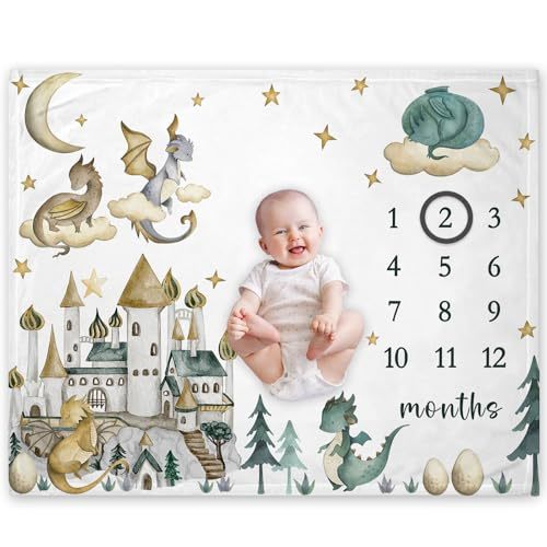 Yuzioey Dragon Milestone Blanket, Dragon Fairy Tale Baby Growth Chart Monthly Blanket, Watch Me Grow Dragon Baby Nursery for New Moms Baby Shower(50"x40")