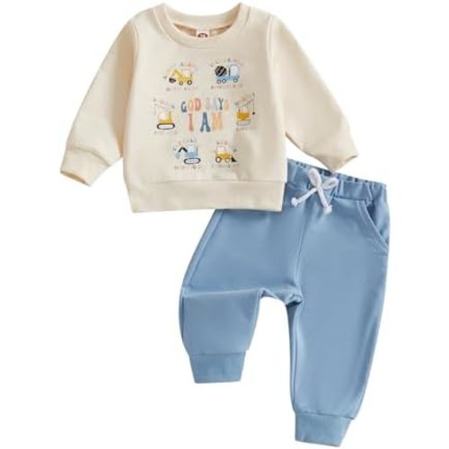 Toddler Baby Boy Fall Winter Outfit Excavator Embroidered Long Sleeve Sweatshirt Elastic Jogger Pant 2 Pcs Clothes