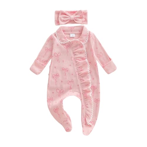 allshope Newborn Baby Girl Fall Outfit Romper Footies Waffle Bow Zip Up Footed Jumpsuit Ruffle Trim Infant Clothes