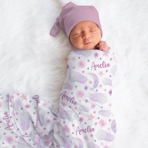 Personalized Pink Moon Swaddle Blanket Luna Name Baby Blanket Newborn Baby Girl Coming Home Outfit Hospital Photo Outfit Baby Shower Gift