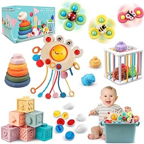 6 in 1 Baby Toys 6 to 12 Months, Montessori Toy for Toddlers 1-3, Infant Teething Babies Toy Stacking Blocks Rings Pull String Toy Suction Cup Spinner Toy Matching Eggs Shape Sorter Sensory Bin