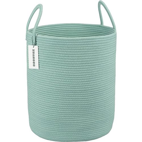 Cotton Rope Laundry Basket Hamper for Clothes Woven Storage Basket for Living Room Bedroom Boho Tall Rope Baskets for Blanket Toys Pillow Towels Baby Nursery Hamper Bin Large light green