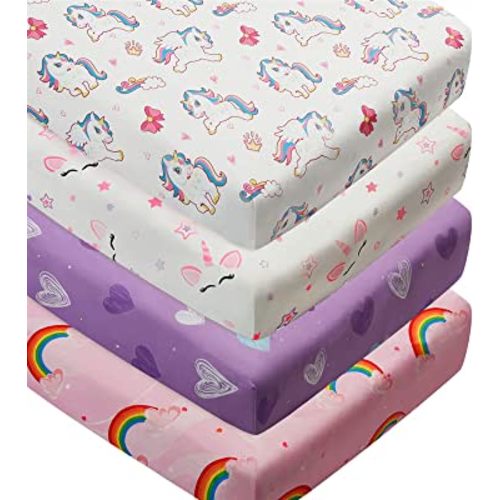 4 Pack Soft Baby Girl Crib Sheets for Standard Crib Mattress Unicron Rainbow Heart Cute Neutral Polyester Unisex Fitted Crib Sheets Set for Baby Girls