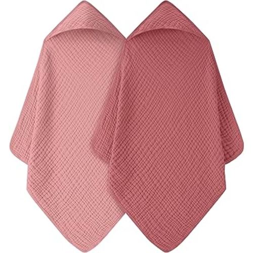 Baby Bath Towels, 100% Muslin Cotton Hooded Baby Towels Girl for Newborn, 2 Pack Pink Baby Towels with Hood for Infant Toddler and Kids, Large 32x32Inch, Soft and Absorbent