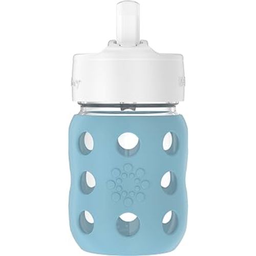 Lifefactory 8-Ounce Wide Neck Glass Baby Bottle with Protective Silicone Sleeve and Pivot Straw Cap, Denim (LG2241WDE4)