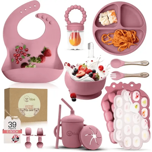 O'doe Baby Weaning Set – 15 Pcs Silicone Baby Feeding Set with Suction Plate, Bowl, Bib, Sippy Cup, Fruit Feeder, Freezer Tray