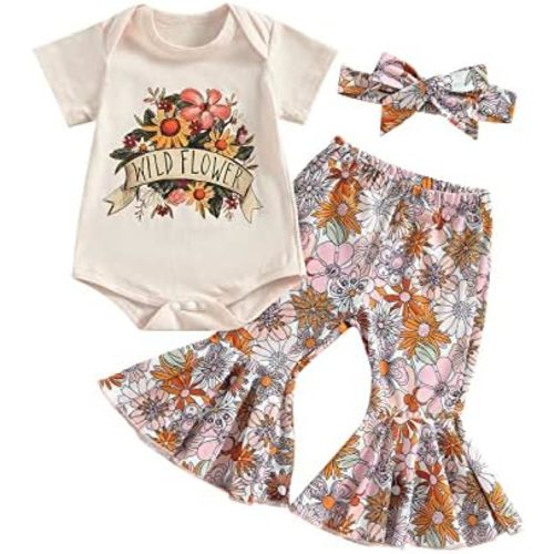 Engofs Newborn Baby Girl Clothes Short Sleeve Romper Flare Pants Headband Set 3Pcs Infant Summer Outfit 0 3 6 12 18 Months