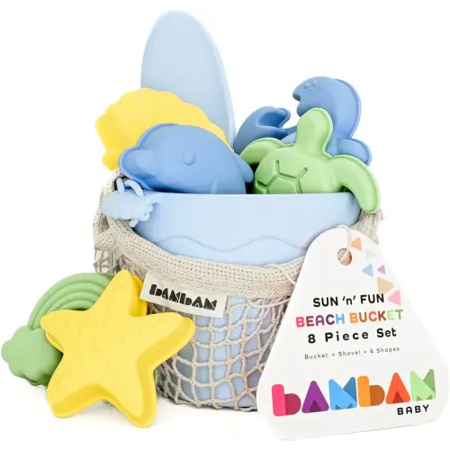 BAMBAM Baby – Premium Silicone Beach Toys for Toddlers & Baby | 100% BPA Free, Safety Tested | 8 Piece Sand Bucket Set for Kids Ages 6 Months and Up (Beach Blue)