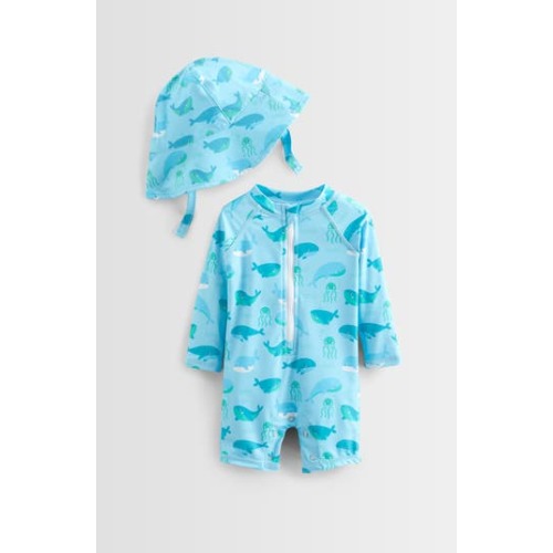 One-Piece Romper Swimsuit & Bucket Hat Set, 3M