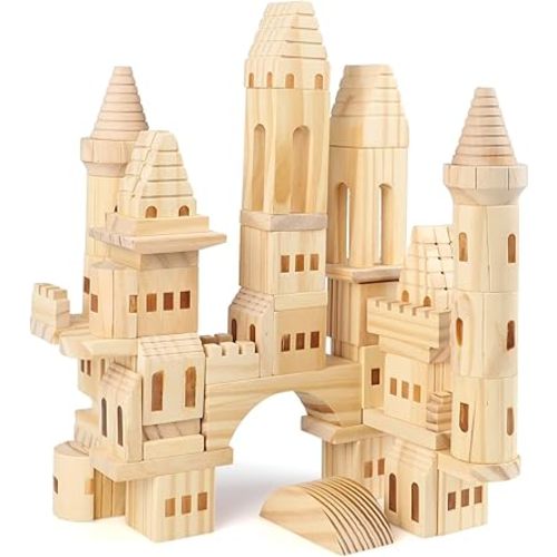 75 Pieces Wooden Castle Blocks Medieval Knights Princesses Wooden Castle Building Blocks Kit for Kids Boys and Girls