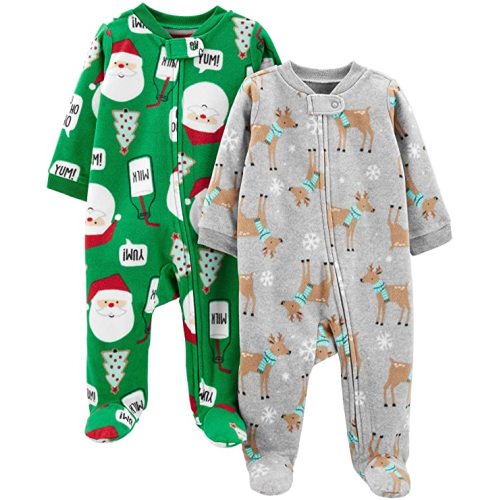 Simple Joys by Carter's Baby 2-Pack Holiday Fleece Footed Sleep and Play - 0-3 Months - Heather Grey Reindeer/Green Santa - Zipper