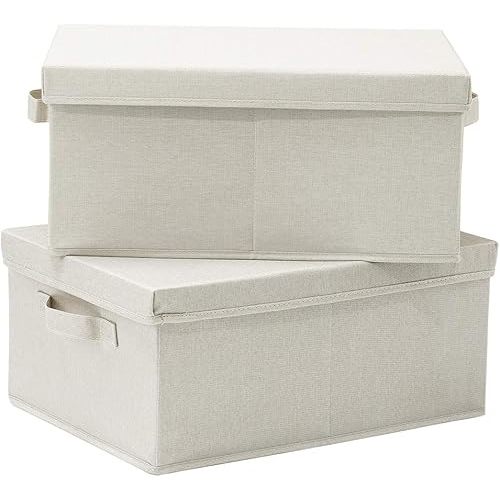 HOONEX Foldable Storage Bins with Lids, 2 Pack, Storage Boxes with Carrying Handles and Sturdy Heavy Cardboard, 16.5" L x 11.8" W x 7.5" H for Shoes, Books, Clothes, Linens, Beige