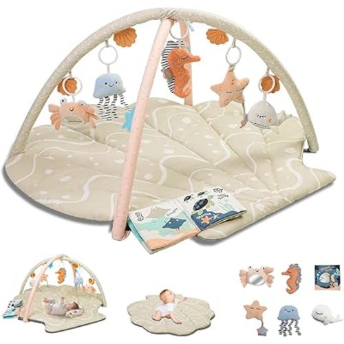 Baby Play Mat, Oversize Shell Tummy Time Mat with 6 Detachable Baby Activity Toys, Baby Gyms & Playmats for Babies 0-6 Months, Baby Mat for Floor Newborn Baby Shower Gifts (Beige)